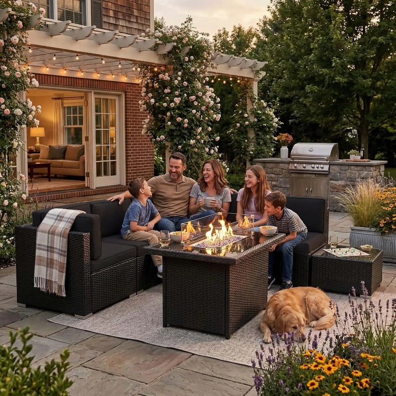 Outdoor Furniture With Fire Pit - 8-delige patio wicker sectionele bankset met