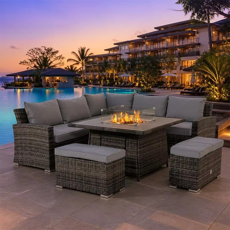 Outdoor Furniture With Fire Pit - Tuinbrander met aluminium frame, rieten zitmeubilair,