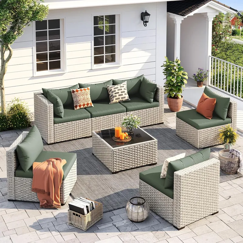 Outdoor Furniture Green - Buitenmeubelset 7-delig Wicker Hoekbank Groen